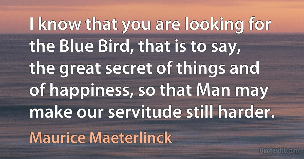 I know that you are looking for the Blue Bird, that is to say, the great secret of things and of happiness, so that Man may make our servitude still harder. (Maurice Maeterlinck)