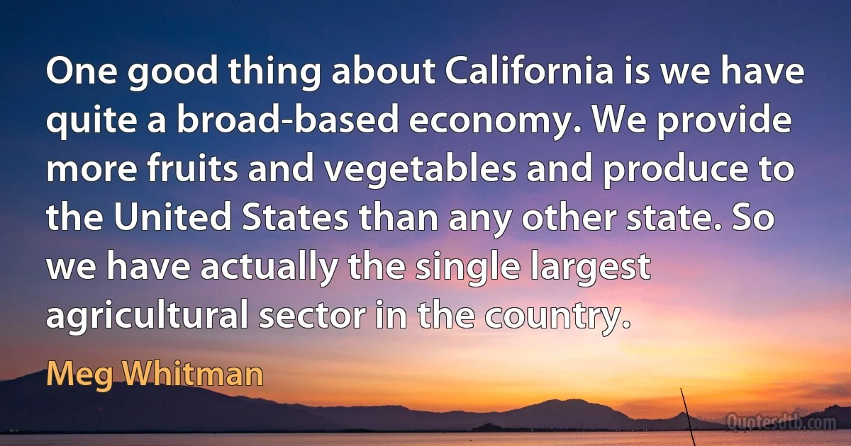 One good thing about California is we have quite a broad-based economy. We provide more fruits and vegetables and produce to the United States than any other state. So we have actually the single largest agricultural sector in the country. (Meg Whitman)