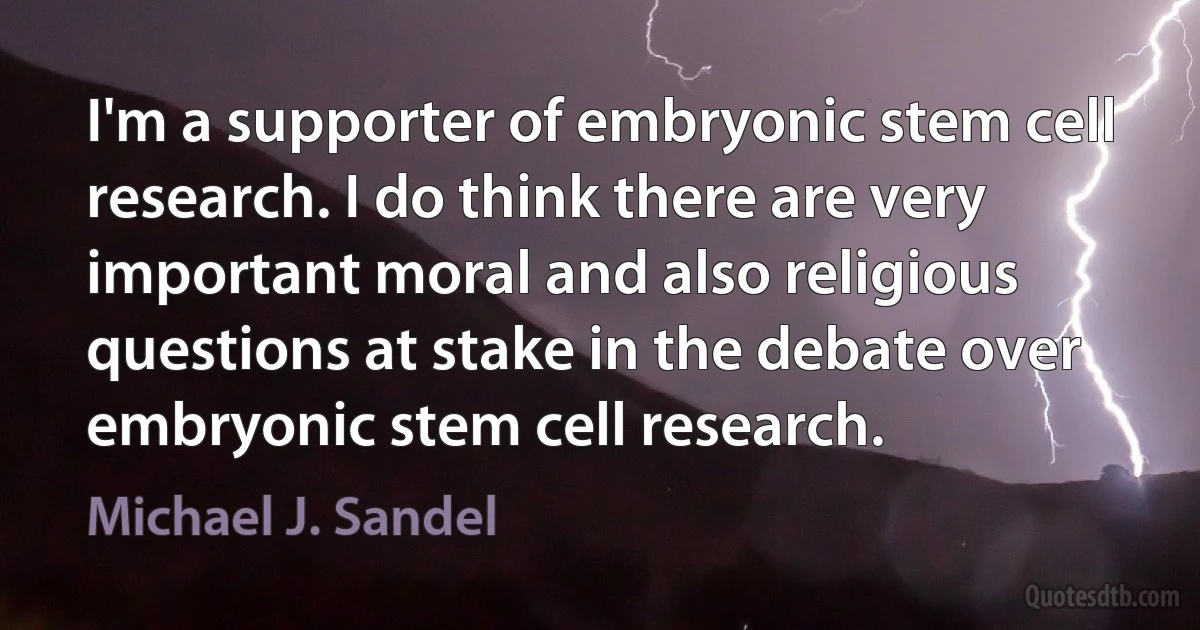 I'm a supporter of embryonic stem cell research. I do think there are very important moral and also religious questions at stake in the debate over embryonic stem cell research. (Michael J. Sandel)