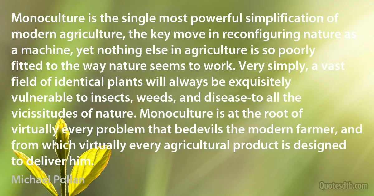 Monoculture is the single most powerful simplification of modern agriculture, the key move in reconfiguring nature as a machine, yet nothing else in agriculture is so poorly fitted to the way nature seems to work. Very simply, a vast field of identical plants will always be exquisitely vulnerable to insects, weeds, and disease-to all the vicissitudes of nature. Monoculture is at the root of virtually every problem that bedevils the modern farmer, and from which virtually every agricultural product is designed to deliver him. (Michael Pollan)