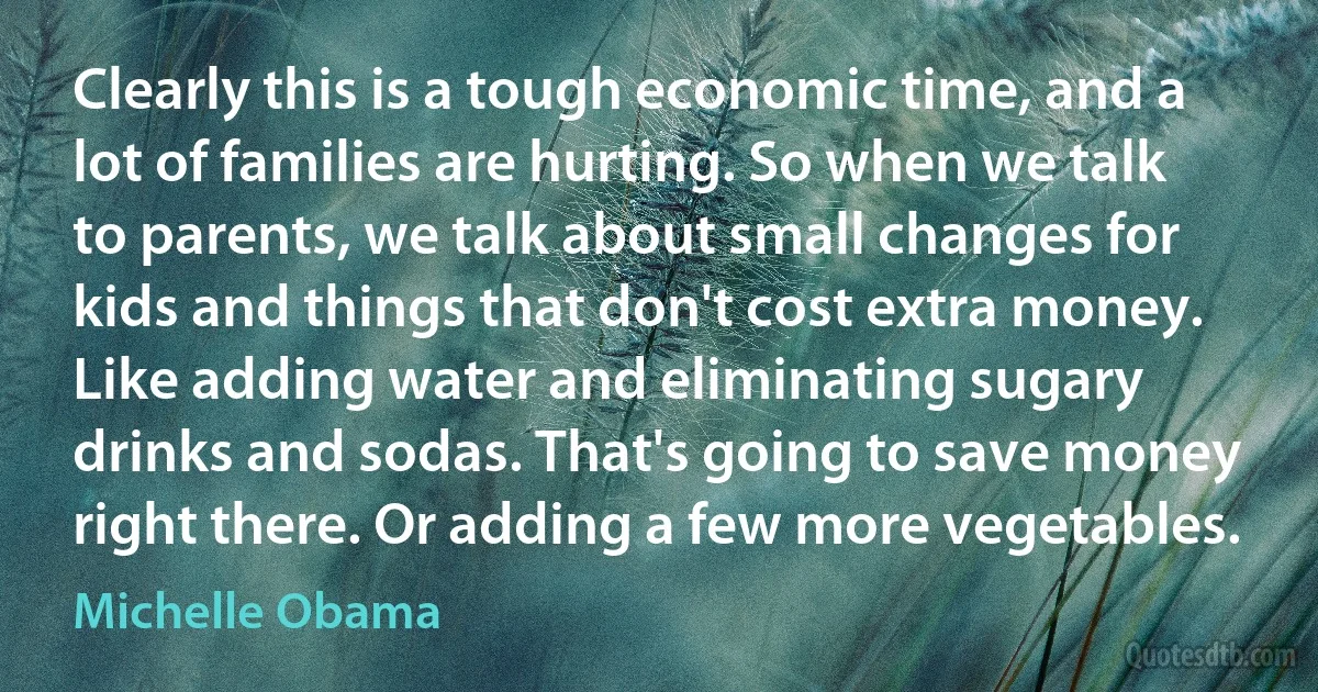 Clearly this is a tough economic time, and a lot of families are hurting. So when we talk to parents, we talk about small changes for kids and things that don't cost extra money. Like adding water and eliminating sugary drinks and sodas. That's going to save money right there. Or adding a few more vegetables. (Michelle Obama)