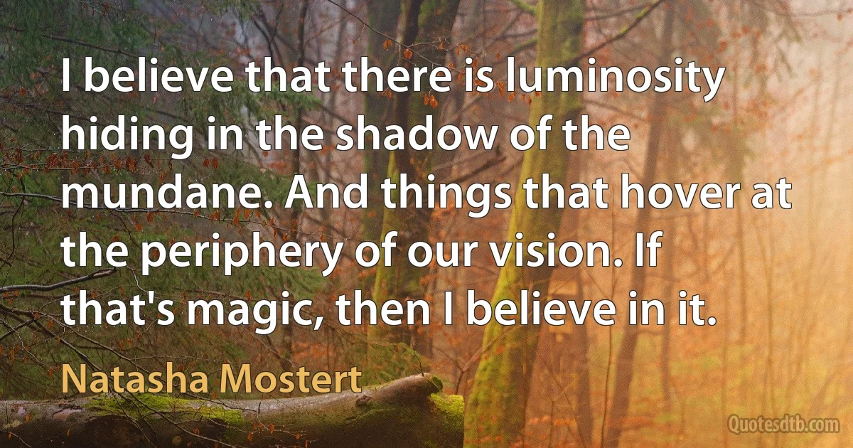 I believe that there is luminosity hiding in the shadow of the mundane. And things that hover at the periphery of our vision. If that's magic, then I believe in it. (Natasha Mostert)