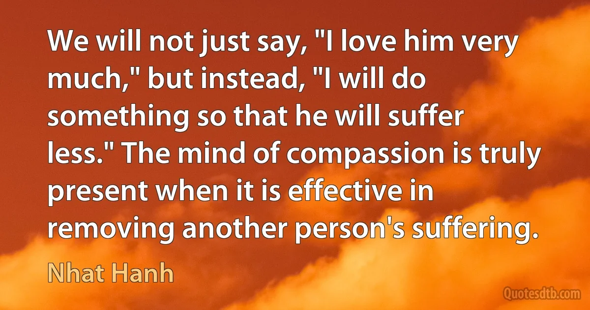 We will not just say, "I love him very much," but instead, "I will do something so that he will suffer less." The mind of compassion is truly present when it is effective in removing another person's suffering. (Nhat Hanh)