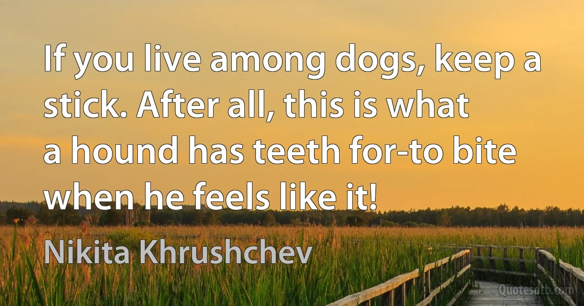 If you live among dogs, keep a stick. After all, this is what a hound has teeth for-to bite when he feels like it! (Nikita Khrushchev)