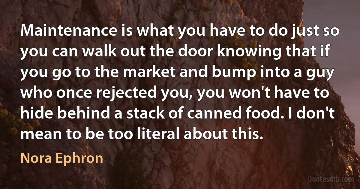 Maintenance is what you have to do just so you can walk out the door knowing that if you go to the market and bump into a guy who once rejected you, you won't have to hide behind a stack of canned food. I don't mean to be too literal about this. (Nora Ephron)