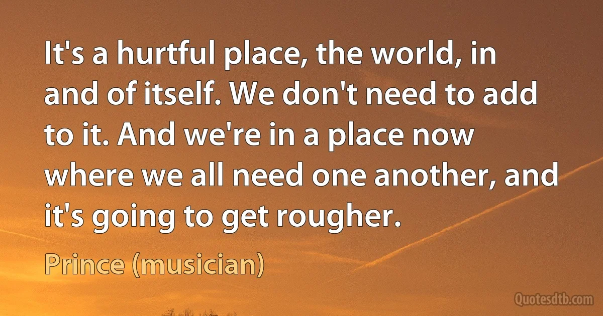 It's a hurtful place, the world, in and of itself. We don't need to add to it. And we're in a place now where we all need one another, and it's going to get rougher. (Prince (musician))