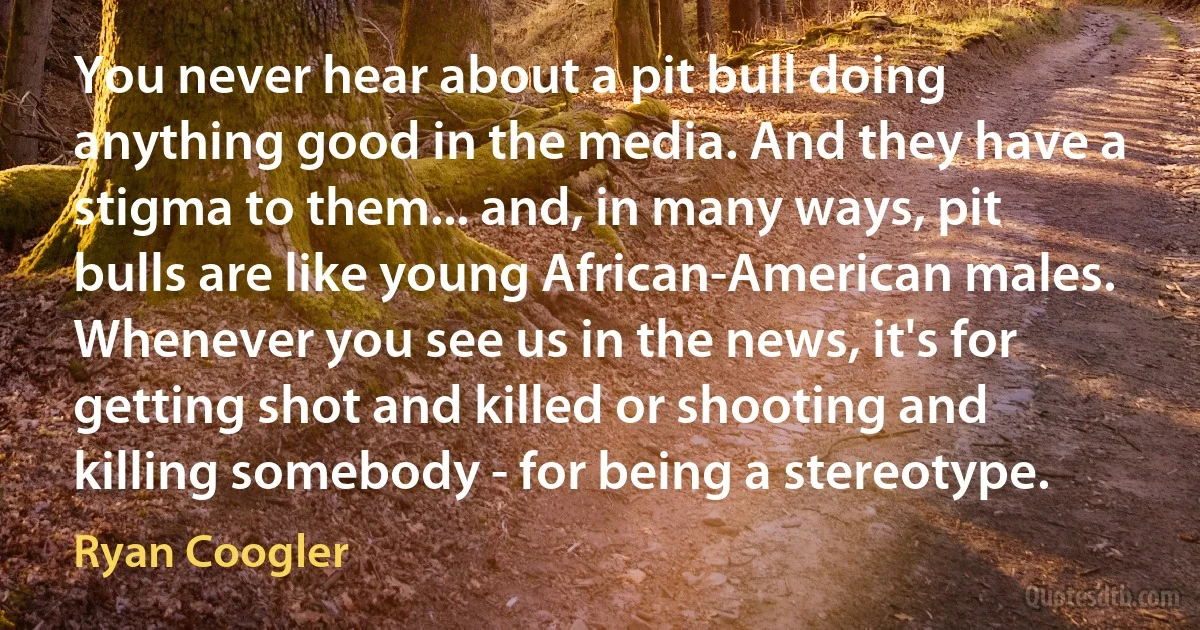 You never hear about a pit bull doing anything good in the media. And they have a stigma to them... and, in many ways, pit bulls are like young African-American males. Whenever you see us in the news, it's for getting shot and killed or shooting and killing somebody - for being a stereotype. (Ryan Coogler)