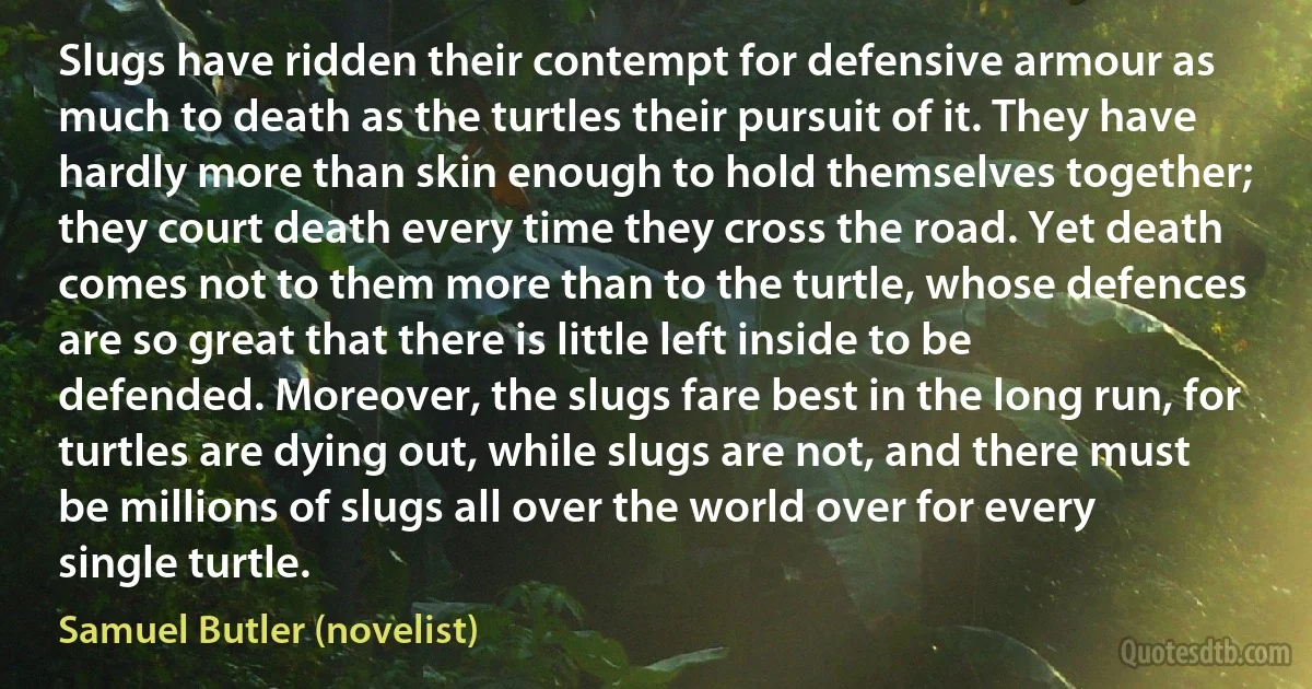 Slugs have ridden their contempt for defensive armour as much to death as the turtles their pursuit of it. They have hardly more than skin enough to hold themselves together; they court death every time they cross the road. Yet death comes not to them more than to the turtle, whose defences are so great that there is little left inside to be defended. Moreover, the slugs fare best in the long run, for turtles are dying out, while slugs are not, and there must be millions of slugs all over the world over for every single turtle. (Samuel Butler (novelist))