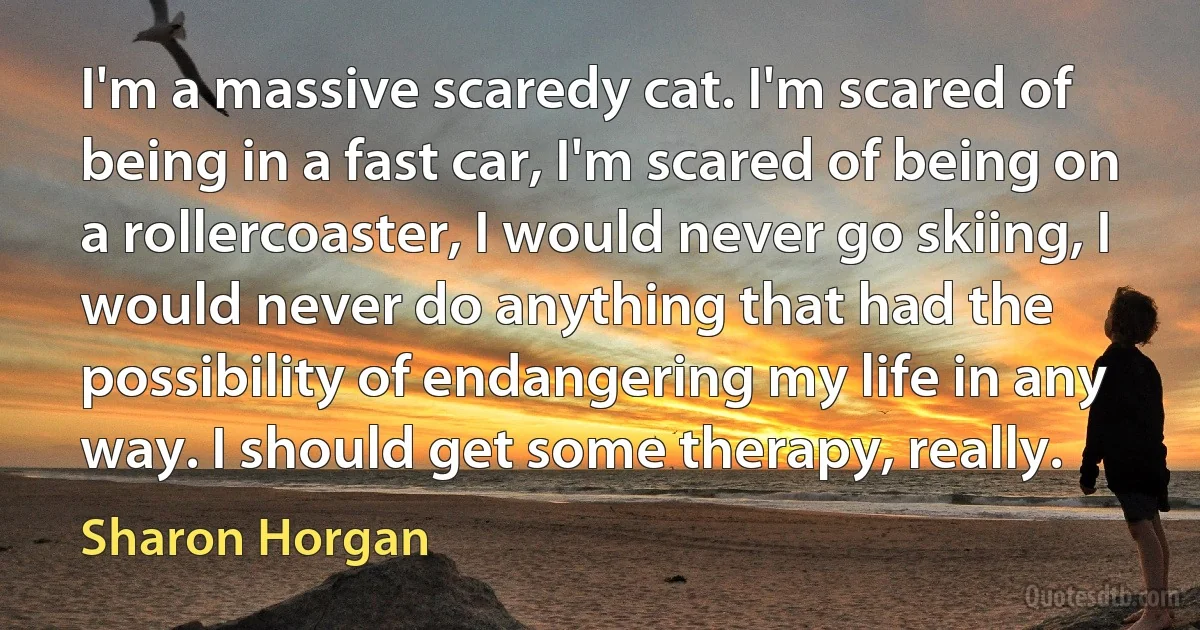 I'm a massive scaredy cat. I'm scared of being in a fast car, I'm scared of being on a rollercoaster, I would never go skiing, I would never do anything that had the possibility of endangering my life in any way. I should get some therapy, really. (Sharon Horgan)