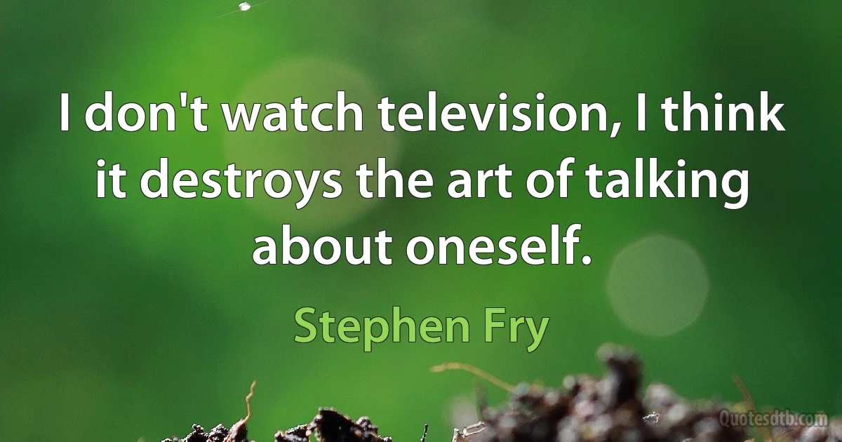 I don't watch television, I think it destroys the art of talking about oneself. (Stephen Fry)