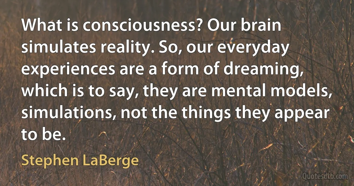 What is consciousness? Our brain simulates reality. So, our everyday experiences are a form of dreaming, which is to say, they are mental models, simulations, not the things they appear to be. (Stephen LaBerge)