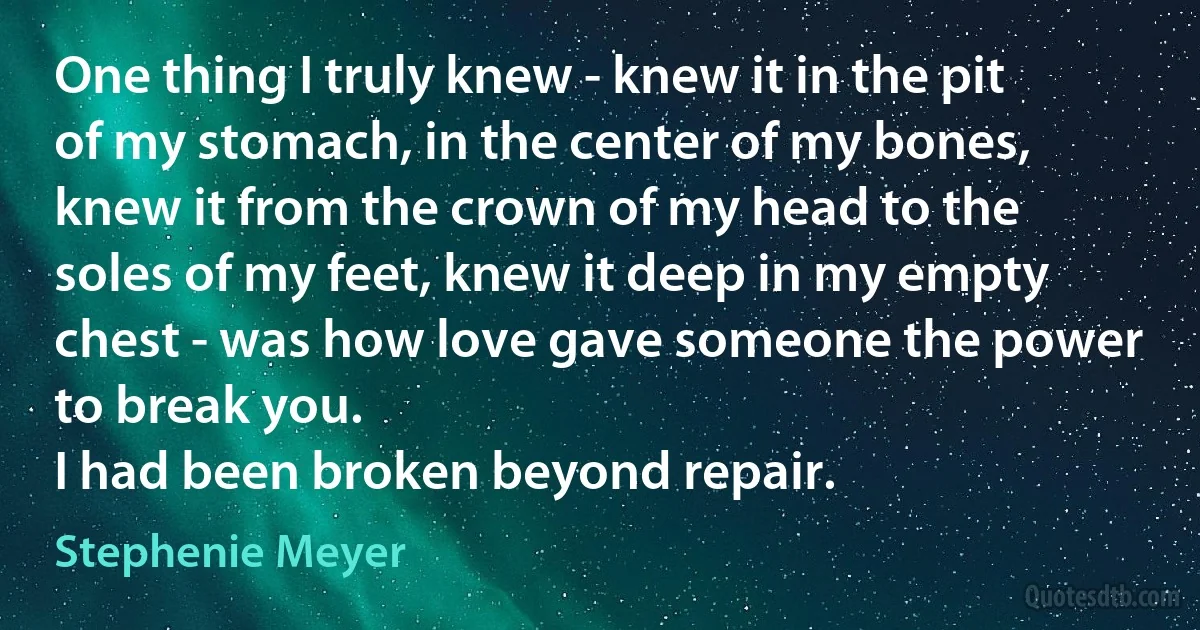 One thing I truly knew - knew it in the pit of my stomach, in the center of my bones, knew it from the crown of my head to the soles of my feet, knew it deep in my empty chest - was how love gave someone the power to break you.
I had been broken beyond repair. (Stephenie Meyer)