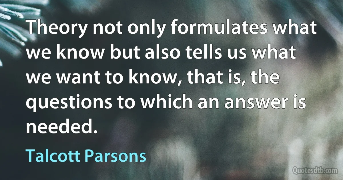 Theory not only formulates what we know but also tells us what we want to know, that is, the questions to which an answer is needed. (Talcott Parsons)