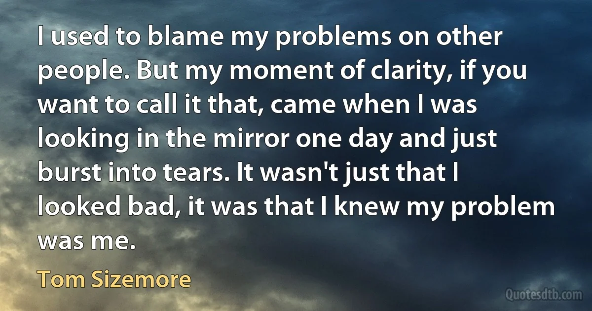 I used to blame my problems on other people. But my moment of clarity, if you want to call it that, came when I was looking in the mirror one day and just burst into tears. It wasn't just that I looked bad, it was that I knew my problem was me. (Tom Sizemore)