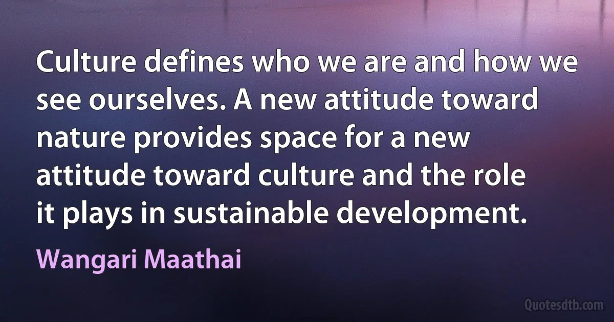 Culture defines who we are and how we see ourselves. A new attitude toward nature provides space for a new attitude toward culture and the role it plays in sustainable development. (Wangari Maathai)