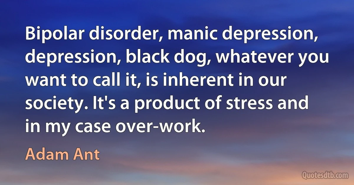 Bipolar disorder, manic depression, depression, black dog, whatever you want to call it, is inherent in our society. It's a product of stress and in my case over-work. (Adam Ant)