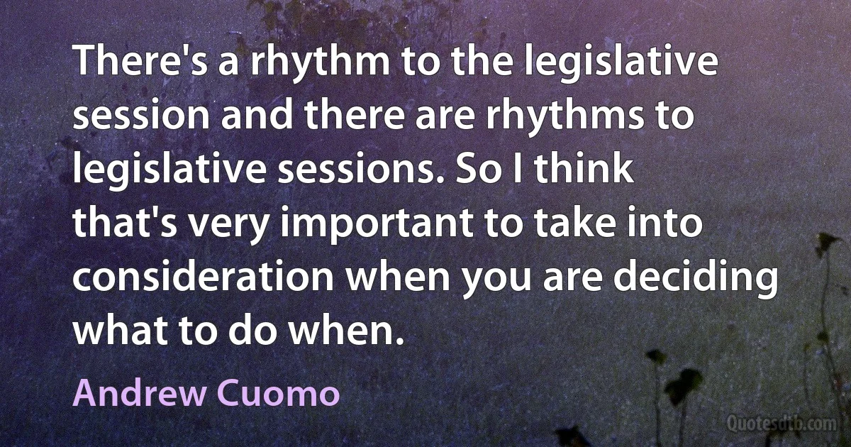 There's a rhythm to the legislative session and there are rhythms to legislative sessions. So I think that's very important to take into consideration when you are deciding what to do when. (Andrew Cuomo)