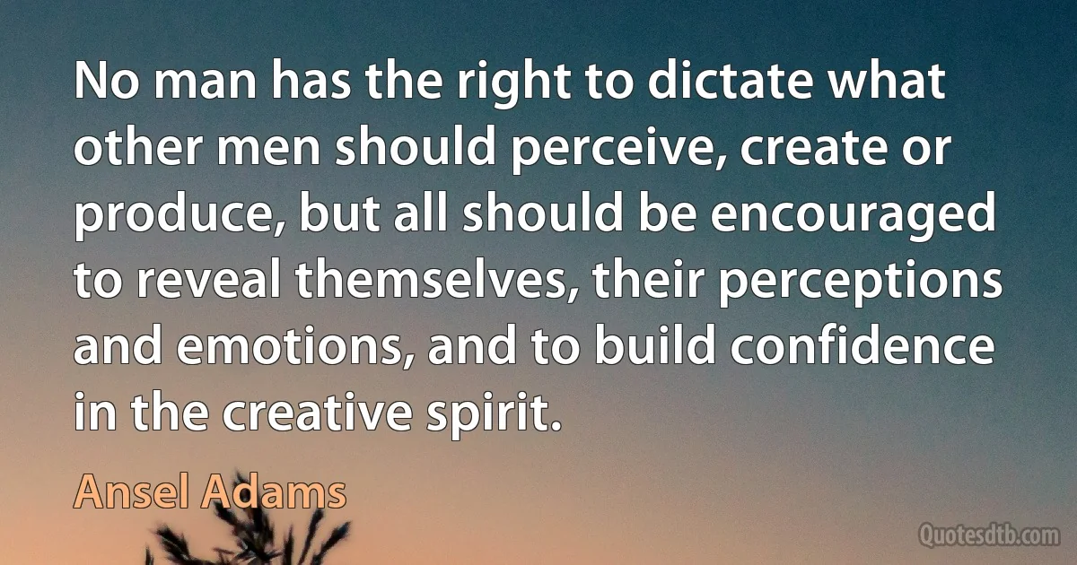 No man has the right to dictate what other men should perceive, create or produce, but all should be encouraged to reveal themselves, their perceptions and emotions, and to build confidence in the creative spirit. (Ansel Adams)