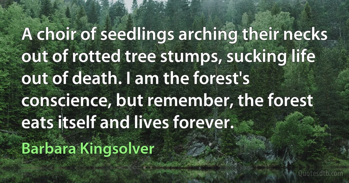 A choir of seedlings arching their necks out of rotted tree stumps, sucking life out of death. I am the forest's conscience, but remember, the forest eats itself and lives forever. (Barbara Kingsolver)