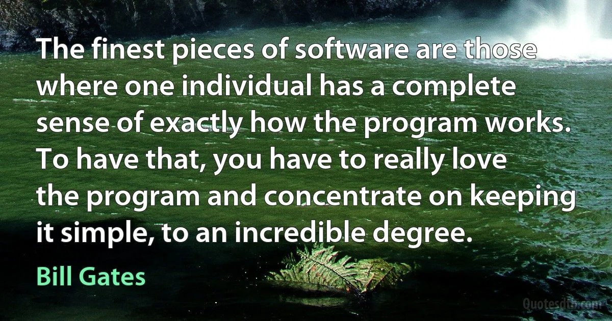 The finest pieces of software are those where one individual has a complete sense of exactly how the program works. To have that, you have to really love the program and concentrate on keeping it simple, to an incredible degree. (Bill Gates)