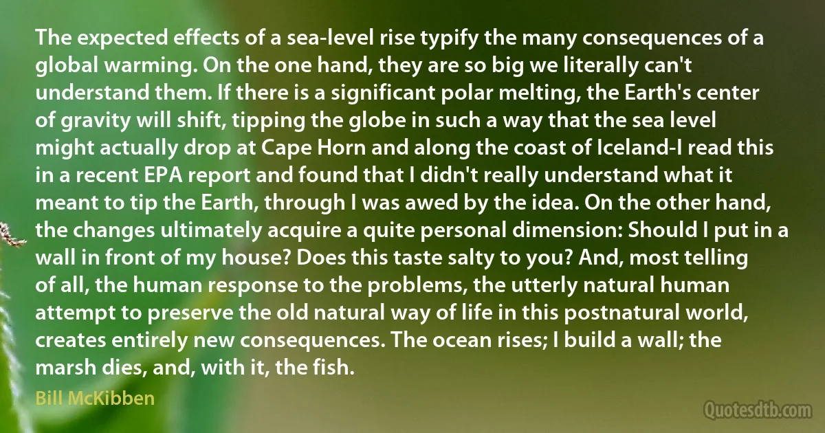 The expected effects of a sea-level rise typify the many consequences of a global warming. On the one hand, they are so big we literally can't understand them. If there is a significant polar melting, the Earth's center of gravity will shift, tipping the globe in such a way that the sea level might actually drop at Cape Horn and along the coast of Iceland-I read this in a recent EPA report and found that I didn't really understand what it meant to tip the Earth, through I was awed by the idea. On the other hand, the changes ultimately acquire a quite personal dimension: Should I put in a wall in front of my house? Does this taste salty to you? And, most telling of all, the human response to the problems, the utterly natural human attempt to preserve the old natural way of life in this postnatural world, creates entirely new consequences. The ocean rises; I build a wall; the marsh dies, and, with it, the fish. (Bill McKibben)