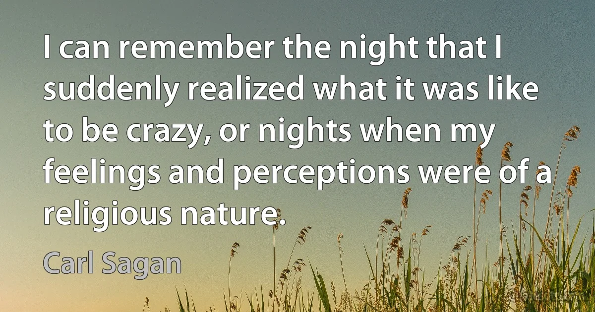 I can remember the night that I suddenly realized what it was like to be crazy, or nights when my feelings and perceptions were of a religious nature. (Carl Sagan)