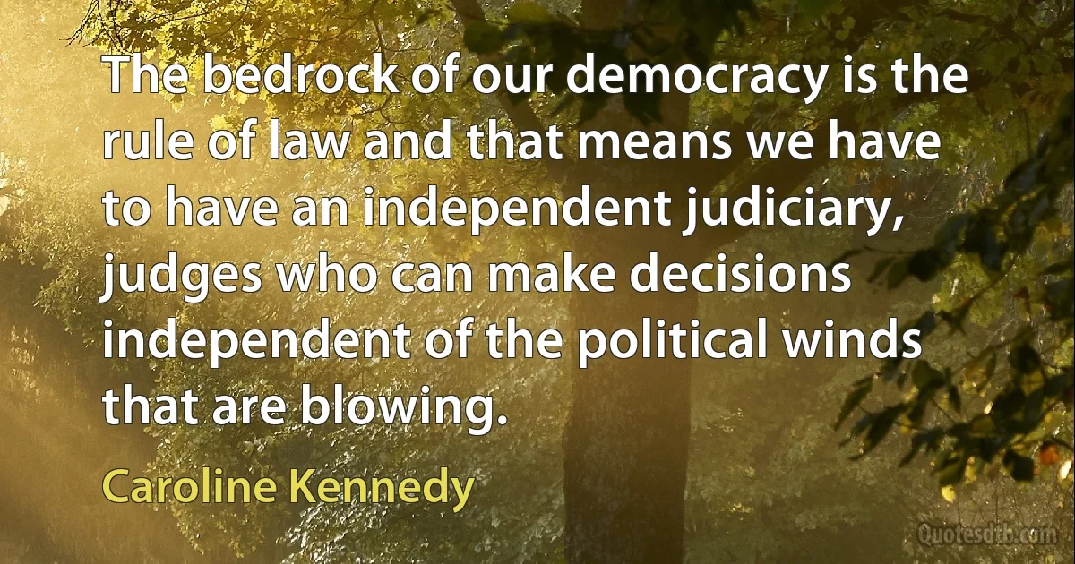 The bedrock of our democracy is the rule of law and that means we have to have an independent judiciary, judges who can make decisions independent of the political winds that are blowing. (Caroline Kennedy)