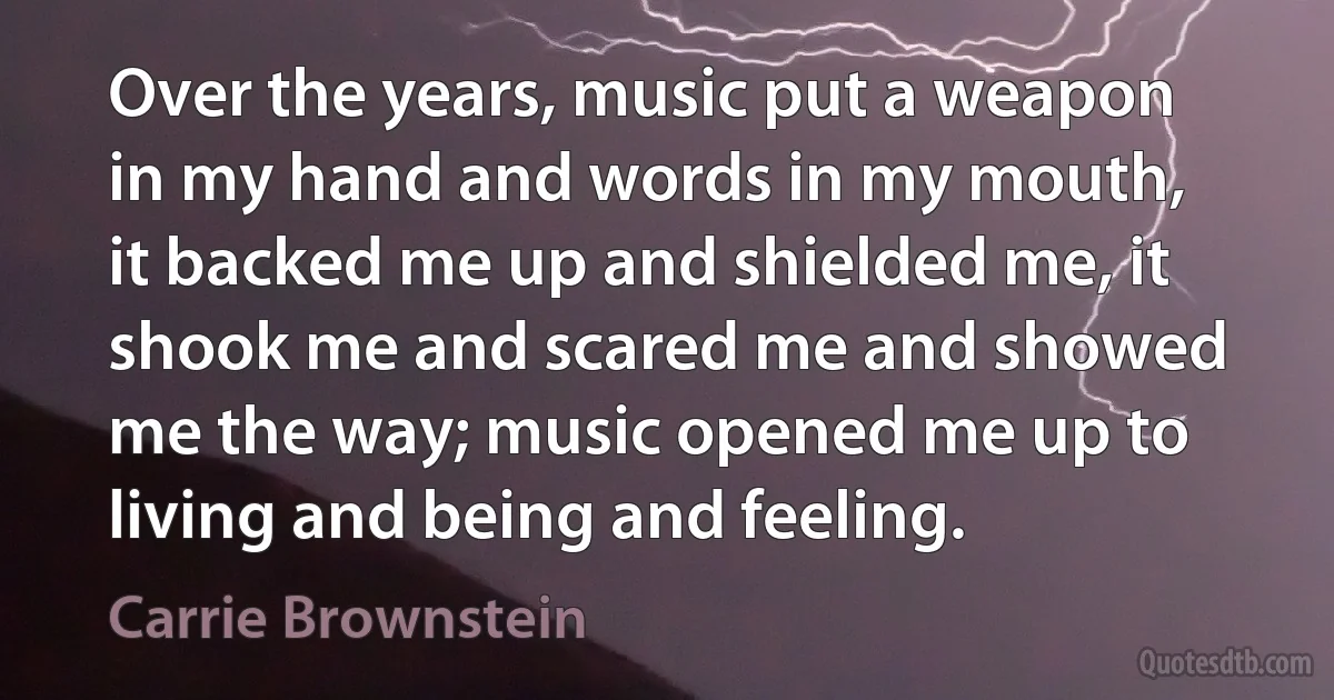 Over the years, music put a weapon in my hand and words in my mouth, it backed me up and shielded me, it shook me and scared me and showed me the way; music opened me up to living and being and feeling. (Carrie Brownstein)