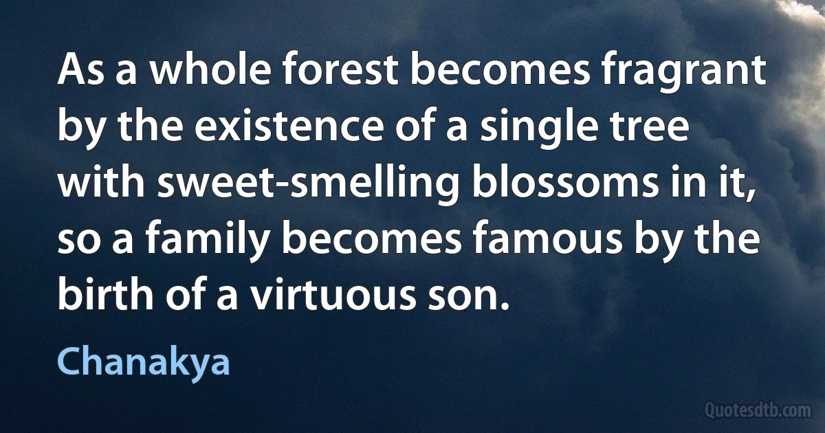 As a whole forest becomes fragrant by the existence of a single tree with sweet-smelling blossoms in it, so a family becomes famous by the birth of a virtuous son. (Chanakya)