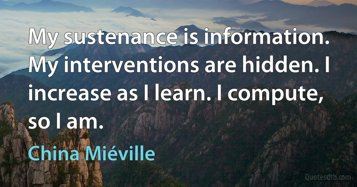 My sustenance is information. My interventions are hidden. I increase as I learn. I compute, so I am. (China Miéville)