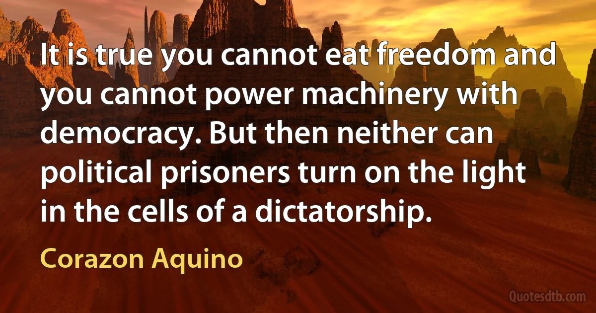 It is true you cannot eat freedom and you cannot power machinery with democracy. But then neither can political prisoners turn on the light in the cells of a dictatorship. (Corazon Aquino)