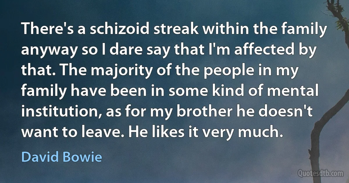 There's a schizoid streak within the family anyway so I dare say that I'm affected by that. The majority of the people in my family have been in some kind of mental institution, as for my brother he doesn't want to leave. He likes it very much. (David Bowie)