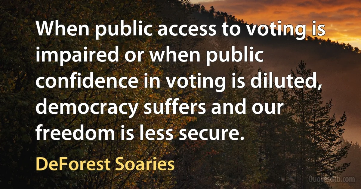 When public access to voting is impaired or when public confidence in voting is diluted, democracy suffers and our freedom is less secure. (DeForest Soaries)