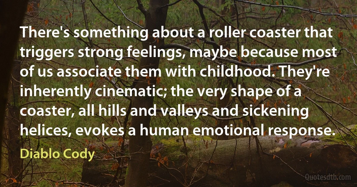 There's something about a roller coaster that triggers strong feelings, maybe because most of us associate them with childhood. They're inherently cinematic; the very shape of a coaster, all hills and valleys and sickening helices, evokes a human emotional response. (Diablo Cody)