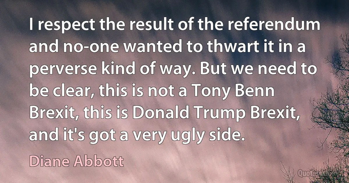 I respect the result of the referendum and no-one wanted to thwart it in a perverse kind of way. But we need to be clear, this is not a Tony Benn Brexit, this is Donald Trump Brexit, and it's got a very ugly side. (Diane Abbott)