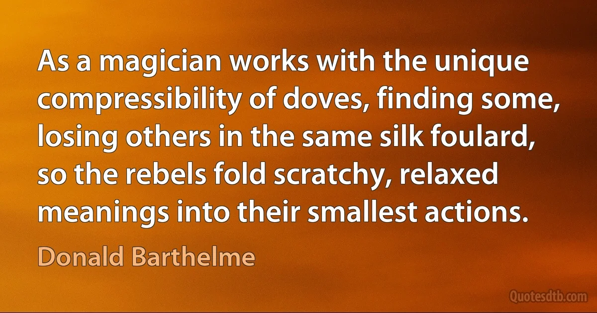 As a magician works with the unique compressibility of doves, finding some, losing others in the same silk foulard, so the rebels fold scratchy, relaxed meanings into their smallest actions. (Donald Barthelme)