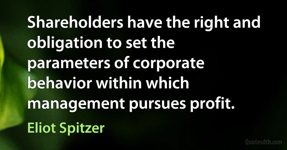 Shareholders have the right and obligation to set the parameters of corporate behavior within which management pursues profit. (Eliot Spitzer)