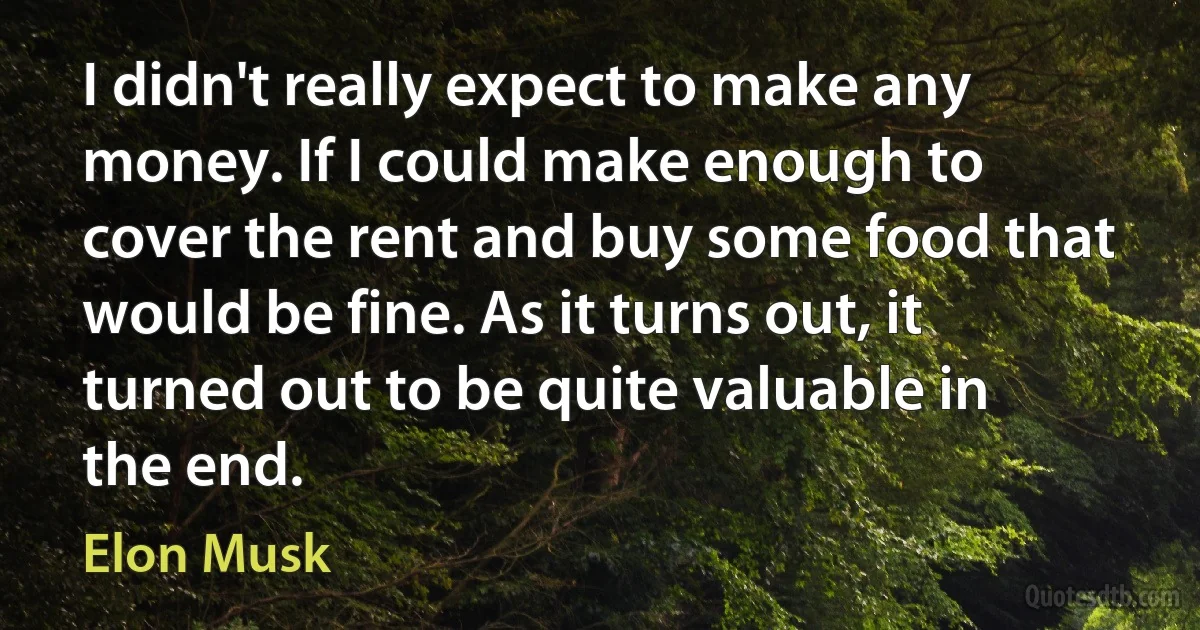 I didn't really expect to make any money. If I could make enough to cover the rent and buy some food that would be fine. As it turns out, it turned out to be quite valuable in the end. (Elon Musk)