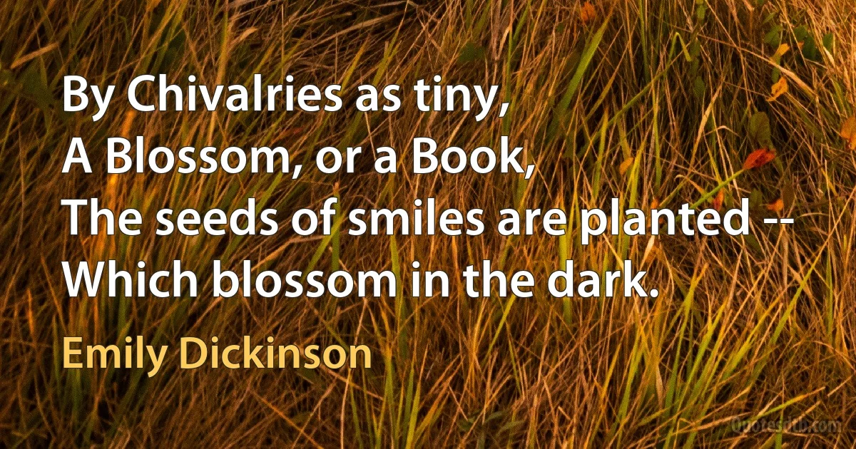 By Chivalries as tiny,
A Blossom, or a Book,
The seeds of smiles are planted --
Which blossom in the dark. (Emily Dickinson)