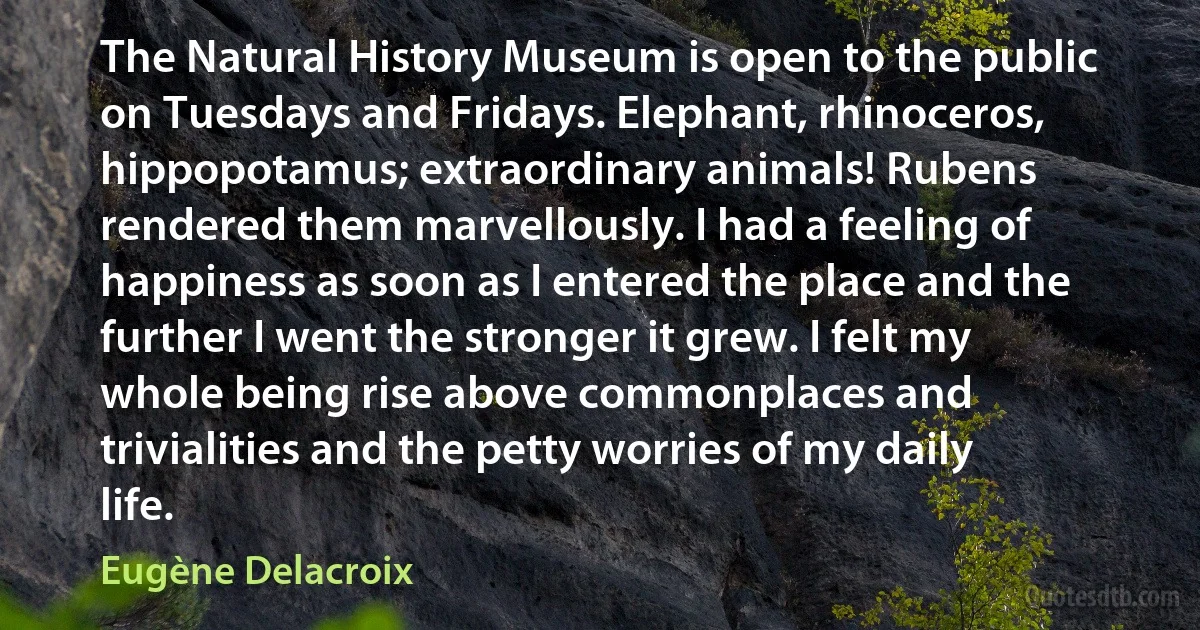 The Natural History Museum is open to the public on Tuesdays and Fridays. Elephant, rhinoceros, hippopotamus; extraordinary animals! Rubens rendered them marvellously. I had a feeling of happiness as soon as I entered the place and the further I went the stronger it grew. I felt my whole being rise above commonplaces and trivialities and the petty worries of my daily life. (Eugène Delacroix)