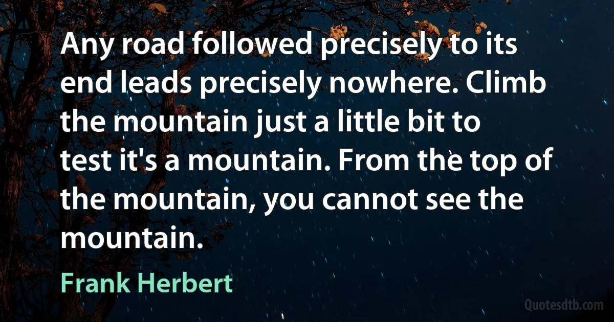 Any road followed precisely to its end leads precisely nowhere. Climb the mountain just a little bit to test it's a mountain. From the top of the mountain, you cannot see the mountain. (Frank Herbert)