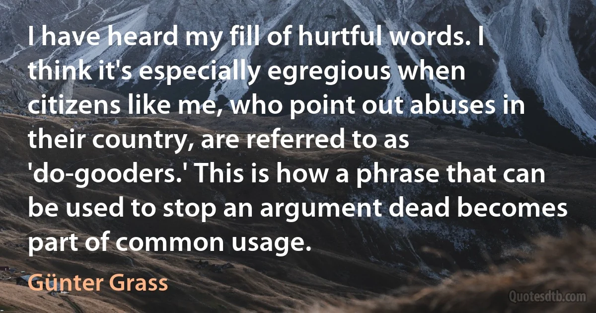 I have heard my fill of hurtful words. I think it's especially egregious when citizens like me, who point out abuses in their country, are referred to as 'do-gooders.' This is how a phrase that can be used to stop an argument dead becomes part of common usage. (Günter Grass)