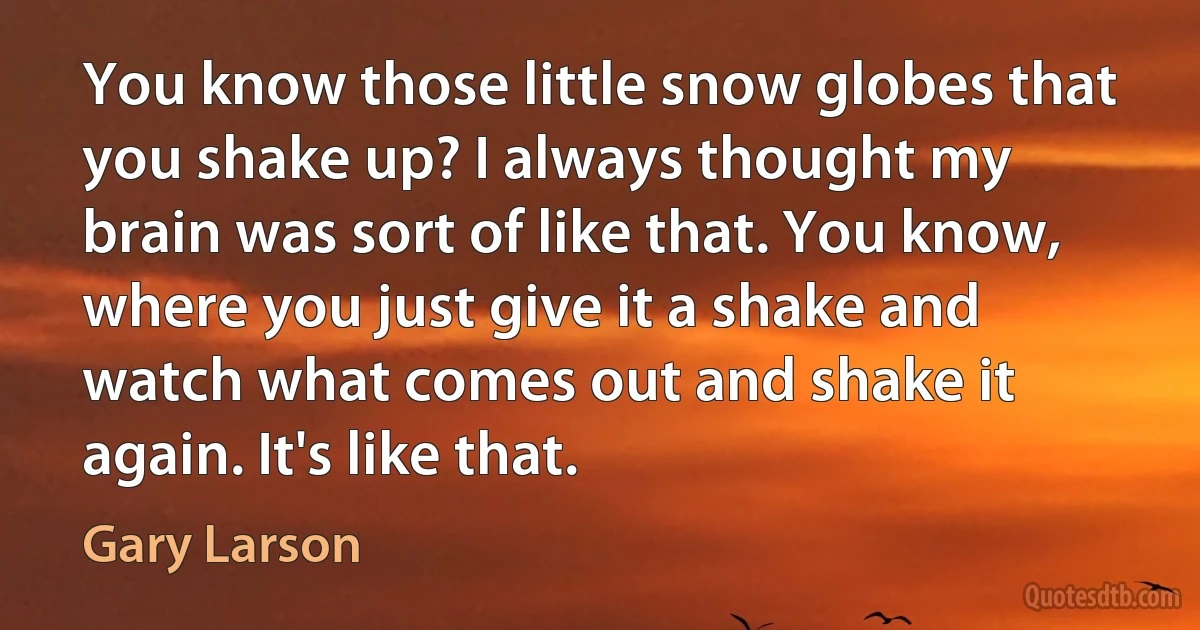 You know those little snow globes that you shake up? I always thought my brain was sort of like that. You know, where you just give it a shake and watch what comes out and shake it again. It's like that. (Gary Larson)