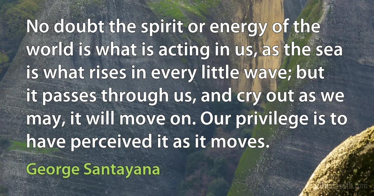 No doubt the spirit or energy of the world is what is acting in us, as the sea is what rises in every little wave; but it passes through us, and cry out as we may, it will move on. Our privilege is to have perceived it as it moves. (George Santayana)