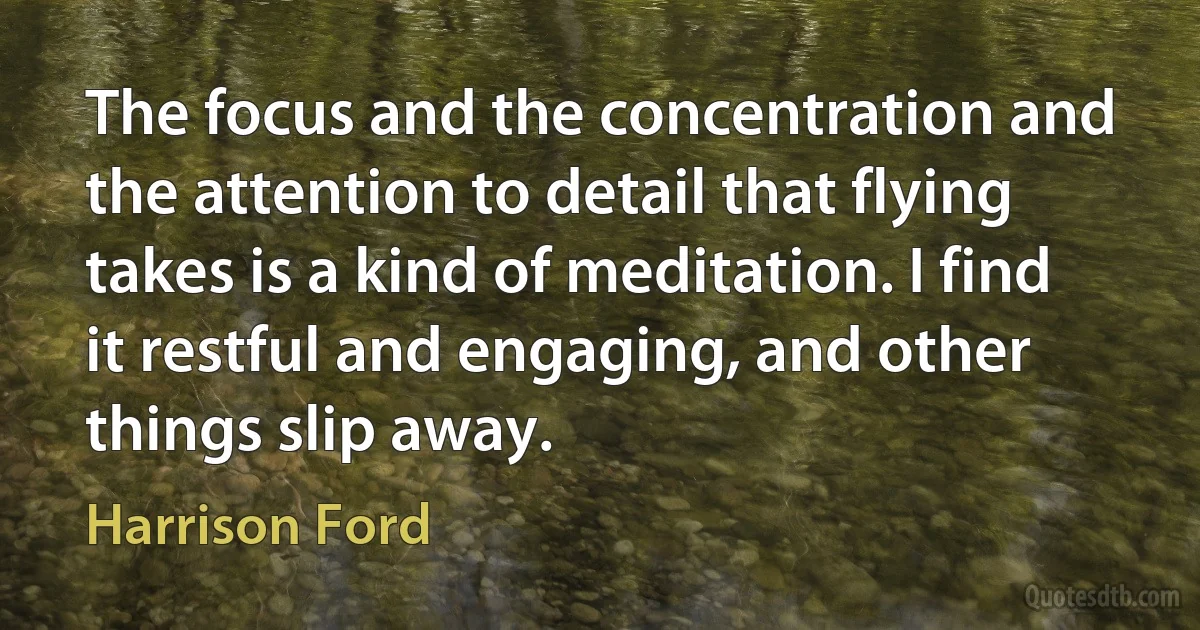 The focus and the concentration and the attention to detail that flying takes is a kind of meditation. I find it restful and engaging, and other things slip away. (Harrison Ford)