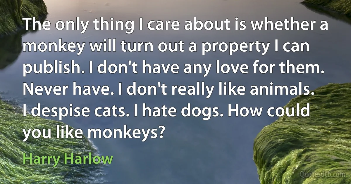 The only thing I care about is whether a monkey will turn out a property I can publish. I don't have any love for them. Never have. I don't really like animals. I despise cats. I hate dogs. How could you like monkeys? (Harry Harlow)