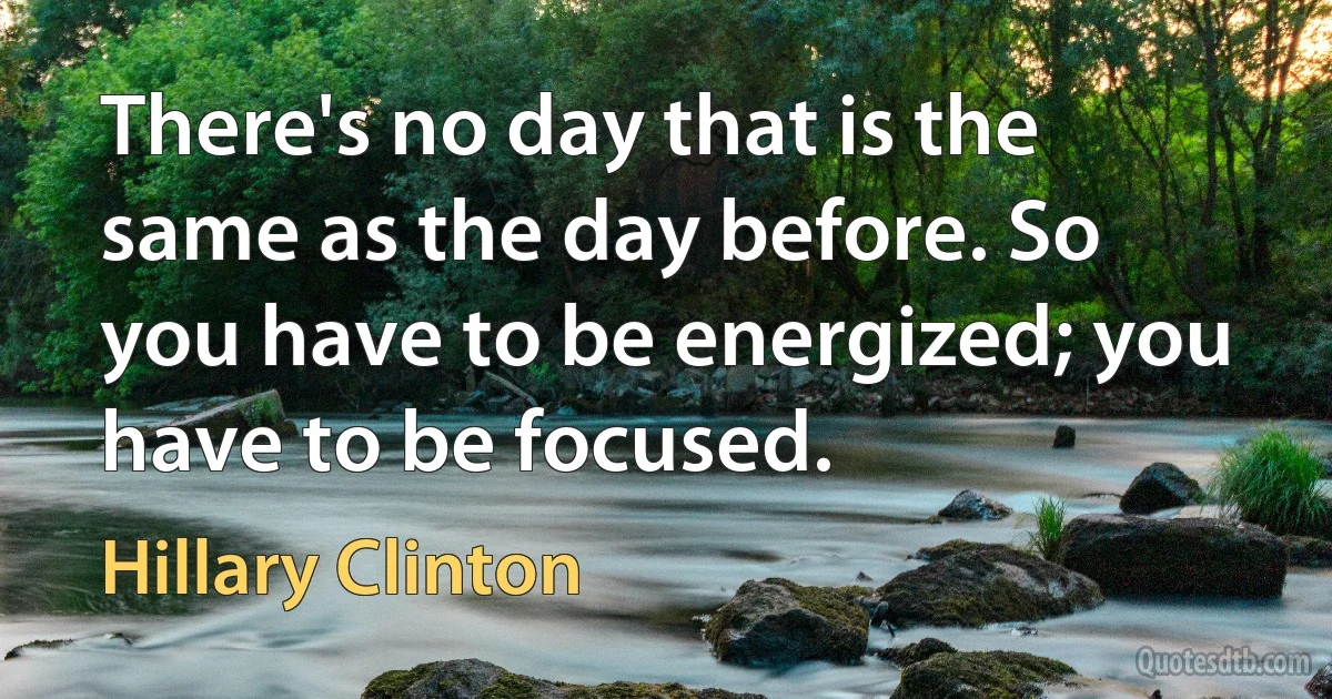 There's no day that is the same as the day before. So you have to be energized; you have to be focused. (Hillary Clinton)