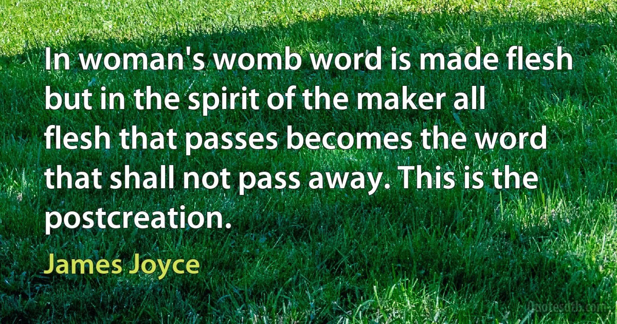 In woman's womb word is made flesh but in the spirit of the maker all flesh that passes becomes the word that shall not pass away. This is the postcreation. (James Joyce)