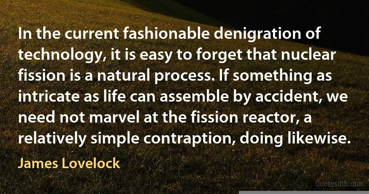 In the current fashionable denigration of technology, it is easy to forget that nuclear fission is a natural process. If something as intricate as life can assemble by accident, we need not marvel at the fission reactor, a relatively simple contraption, doing likewise. (James Lovelock)