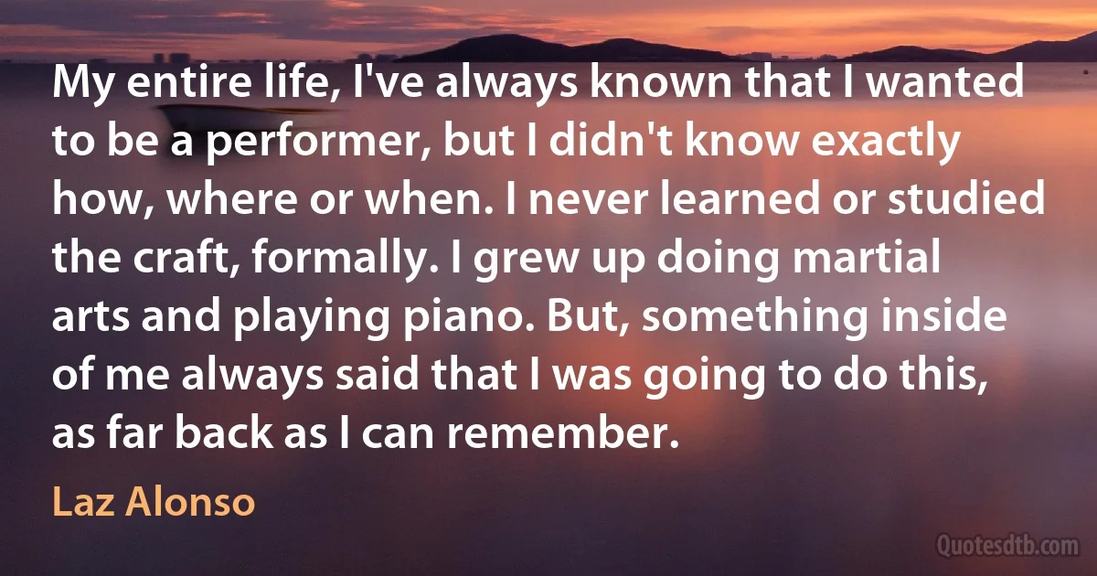 My entire life, I've always known that I wanted to be a performer, but I didn't know exactly how, where or when. I never learned or studied the craft, formally. I grew up doing martial arts and playing piano. But, something inside of me always said that I was going to do this, as far back as I can remember. (Laz Alonso)